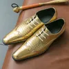 Casual Shoes Italian Men's Fashion Scale Check Gold Business Formal Patent Leather Pointed Toe Party Dress Oxford