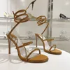 مصمم العلامة التجارية الفاخرة Rene Caovilla Strass Snake-Wrap Cocktail Stiletto Sandals Cleo Rhinestons Women's Cheels Cheels Party Shoes 9.5 سم حجم 34-43