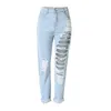 Kvinnors jeans hål denim byxor kvinnor mode avslappnad rak hög midja byxor rippade femme punk stil bomullsgata