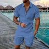 Mens Athletic TShirt Set Casual Lapel Short Sleeve Pullover Zip Up Tshirt Shorts 2Piece Sets Solid Sporty Suits 240411