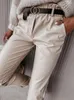 Женские брюки Женщины весна осень высокая эластичная брюки с твердым карманным лимром Fit Cu Кожаные женские карандашные карандашные
