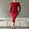 Casual Dresses Women Sexy Off Shoulder Draped Party Dress Long Sleeve Shawl Slim Fit Office Elegant Slash Neck Bodycon Midi