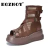 Botas Koznoy 6.5cm Sandálias de couro genuíno Botas de tornozelo Modotcycle Motorcycle Women Women Hollow Chimney Moccasins Sapatos