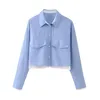 Women's Blouses Office Style Two Pockets Long Sleeve Loose Tops 2024 Ladies Spring Casual Single Breasted Short Blue Oxford Shirt