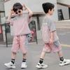 Set di abbigliamento ragazzi adolescenti estate grigio grigio a maniche corta pantaloncini 2 pezzi cool kids in stile casual outfit sport sciolti 5-14 anni