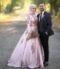 Party Dresses Rose Pink Muslim Prom Occasion 2024 Ramadan Long Sleeve Gilter Sequins Applique Hijab Stain Evening Gowns