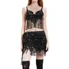 Robes de travail Femmes Belly Dancing Tenues Sparkle Sequins Tassel Bra Tops et Hip Scarf Wrap Jirt for Party Night Clubs Rave Costume