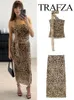 فساتين العمل تنورة Trafza عتيقة مجموعة للنساء 2024 Spring Leopard Print بدلة سببية عالية الخصر A-LINE HALERNECK أنبوب خارج الكتف أنبوب