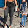 Kvinnors jeans blyertsbyxor bär resistenta smala fit -knapp dragkedja manschettfickor mager kvinnor stretchiga