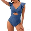 Women's Swimwear S - Xl Splicing Ruffled Frilled Women Swimwear One-Piece Swimsuit Female V-Neck Solid Color Bather Bathing Suit Swim Clothes