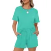 New Women's 2024 Casual Solid Short Sleeved Elastic Lace Up Pocket Shorts Set s