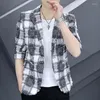 Men's Suits 2024 Summer Suit Short Sleeved Slim Small Light Seven-quarter Casual Jacket Plaid