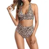 Swimons de maillots de bain pour femmes Leopard Print de maillot de bain Halter Bra High Waist Brief Bikini Set