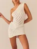 Frauen y2k Häkeln gestrickt Kleid ein Shouder Hollow Out Rückenless Bodycon Mini Pullover Kleid Ausschnitt Sommer Beach Kleid Streetwear 240417