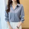 Kvinnors blusar 2024 Spring Fashion Elegant Satin Shirts Solid Color Ladies Causal Women Långärmad kvinnliga toppar