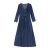 Lässige Kleider für Frauen 2024 Frühling Plus Size Vestidos Feminino Vintage Denim Kleid Langarm Taille Falten A-Line