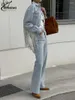 Женские брюки с двумя частями Oimimi Fashion Blue Cotton Womens 2 набор наборов элегантные рубашки с длинным рукавом и простые прямые