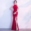 Ethnic Clothing Banquet Evening Party Dresses Fashion Fishtail Qipao Long Sexy Neck Hanging Wedding Dress Bride Toast Clothes Cheongsam