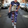 Mens T-shirt Long Pants Tracksuit American Flag 3D Print T Shirts Trousers Set 2 Pieces Streetwear Overdized Sportswear 240407