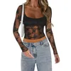 Kvinnors T -skjortor Kvinnor S långärmade mesh Top Round Neck Sheer Blue See Through Floral Lace Tops Fall Club Streetwear