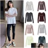 Damen T-Shirt Ladies Mode Langarm T-Shirts Feste Farbe Ice Seide Crescent Druck engen runden Hals Schlanker lässiger Tops Drop liefern DHCTP DHCTP