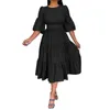 Casual Dresses Women Big Swing Dress Solid Color Elegant A-line Midi With Puff Sleeves Belted Waist Soft Patchwork Pleats For