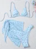 Women's Swimwear Peachtan Mesh 3 Pieces Bikinis Set Print Swimsuit Traingle Halter Bathing Suit Push Up Low Waist 2024 Women
