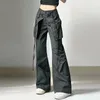 Y2K Long Pants Mid Waist Women Loose Cargo Pant Comfortable Black Solid Color Vintage Relaxed Fit Drawstring with Large Pockets 240417