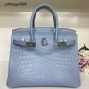 Handmade 7a Handbag Bikns Genuine Leather Crocodile skin belly half honey wax thread 30 medium leather leather womens blueIYLU