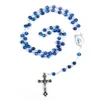 Colliers pendants cordons de cristal de cristal bleu chrétien catholique Vierge Marie inri crucifix Collier Rosaire Baptême religieux Jew280F