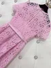 Designer Dress 2024 New Sakura Pink Lace Short Sleeves Round Neck High end Style Dress Beautiful Waist Wrap