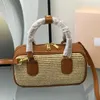 Bowling Bag strand geweven draagtas gras geweven schoudertas vrouwen handtas cowhide lederen mode letter hardware hoogwaardige interne ritssluiting pocket afneembare riem