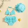 قطعة واحدة من القطع الصيفية المولود الجديد المولود ملابس السباحة bikini مجموعة لطيف القوس قلادة العنق أعلى+سراويل الطبقات مطوية+قبعة الشاطئ سترة Q240418