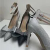 Sandals 2024 Rhinestone Bow Sexy Thin High Heel Women Ankle Buckle Fashion Lady Dress Crystal Shoes Summer 43