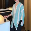 남자 캐주얼 셔츠 남성 레트로 셔츠 일본 스타일 니트 컬러 매칭 옷깃 쇼트 슬리브 디자인 해변 여름에 탑
