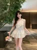 Werkjurken zomer 2024 Japanse 2-delige rok set vrouwen off-shoulder sexy y2k crop top slank fit ruche mini chiffon Korean