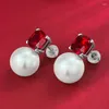 Stud Earrings S925 Silver Ear Dings Pigeon Blood Ruby Set 12mm Pearl Fashionable And Versatile For Women