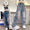 Girls School Wide Leg Pants With Heart Star Design Casual Loose Kids Fashion Long Jeans Children Korean Style Trousers 240418