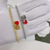 As Original designer Girl women Green pink red T double heart beads bracelets Cute Love 18K Gold silver rose logo engraved Bangles Fashion Jewelry teenage 19cm