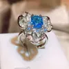 Cluster Rings Luxury Flower Aquamarine Topaz Sapphire Full Diamond Opening Justerbar Parring för Women Valentine's Day Gift Jewelry
