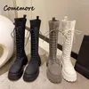 Boots Comemore Women 2024 Autumn Thick Bottom Sock Shoes Woman Lace Up Knee High Boot Black Platform Sticked Long Botas de Mujer