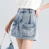 Sommarkjolbyxor Kontrast Färg Korean elastisk fri denimstil Hög midja inslagna höft A-line shorts 3/4 för flickor