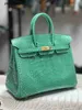 Women Brkns Handbag Genuine Leather 7A Handswen Crocodile Belly 25CM Elegant Luxury Green3QOY