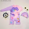 One-Pieces 2PCS unicorn whale print baby swimsuit pink long sleeved childrens swimsuit UPF 50 Q240418