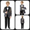 Blazer de haute qualité pour enfants pour enfants 2024 garçons Tuxedo Gold Print Jacket Pant Veste Gire à noeud papillon Four pack Wedding