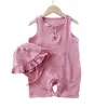 2pcsset Baby Sommerkleidung Solid geborener Säugling Strampler mit Hut Musselin Baumwollhülsen und Jungen Mädchen Outfits 240408