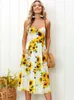 Basis Casual Jurken Lossy Dames Zomer Zonnebloem Jurk Sexy Strapless Dress Midi Button Backless Floral Sundress Beach Vrouw 2024 Vrouwenkleding