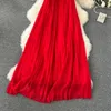 Casual Dresses Red Loose Halter Bandage Long French Elegant Women's Summer Vacation Dress Off Axel Sleeveless Pleated Sundress Chic