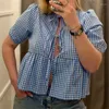 Женские блузки элегантная клетчатая шнурка для женской блузки для женщин с коротким рубашкой с коротким рубашкой женская рубашка 2024 Весенние летние винтажные шикарные топы