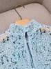 春の夏のブルーフローラルプリントパネルレースドレス半袖スタンドカラーベルトミディカジュアルドレスGL4A18